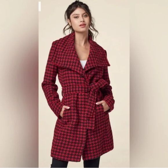 VENUS RED BLACK PLAID BELTED COLLAR PEACOAT FALL WINTER JACKET COAT - Picture 1 of 16